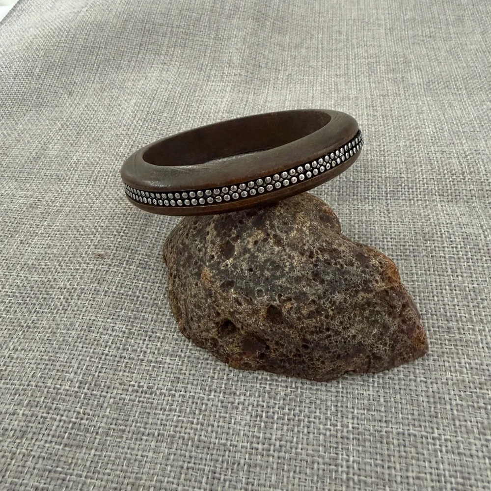 Wood Bangle Bracelet with Silver Accent Inlay